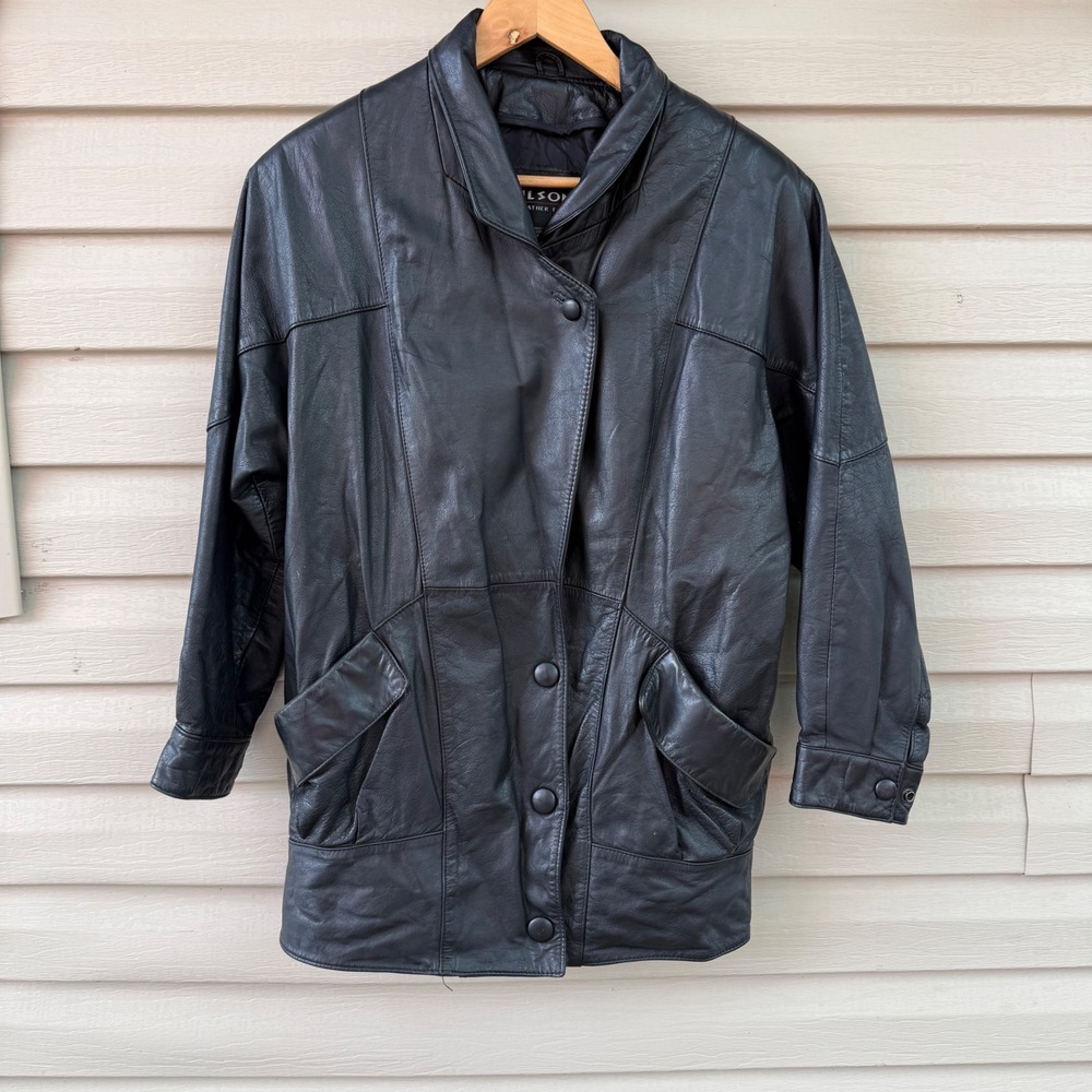 Vintage Wilsons Womens XS Leather Jacket Black 80s Oversized Bomber Coat Padded